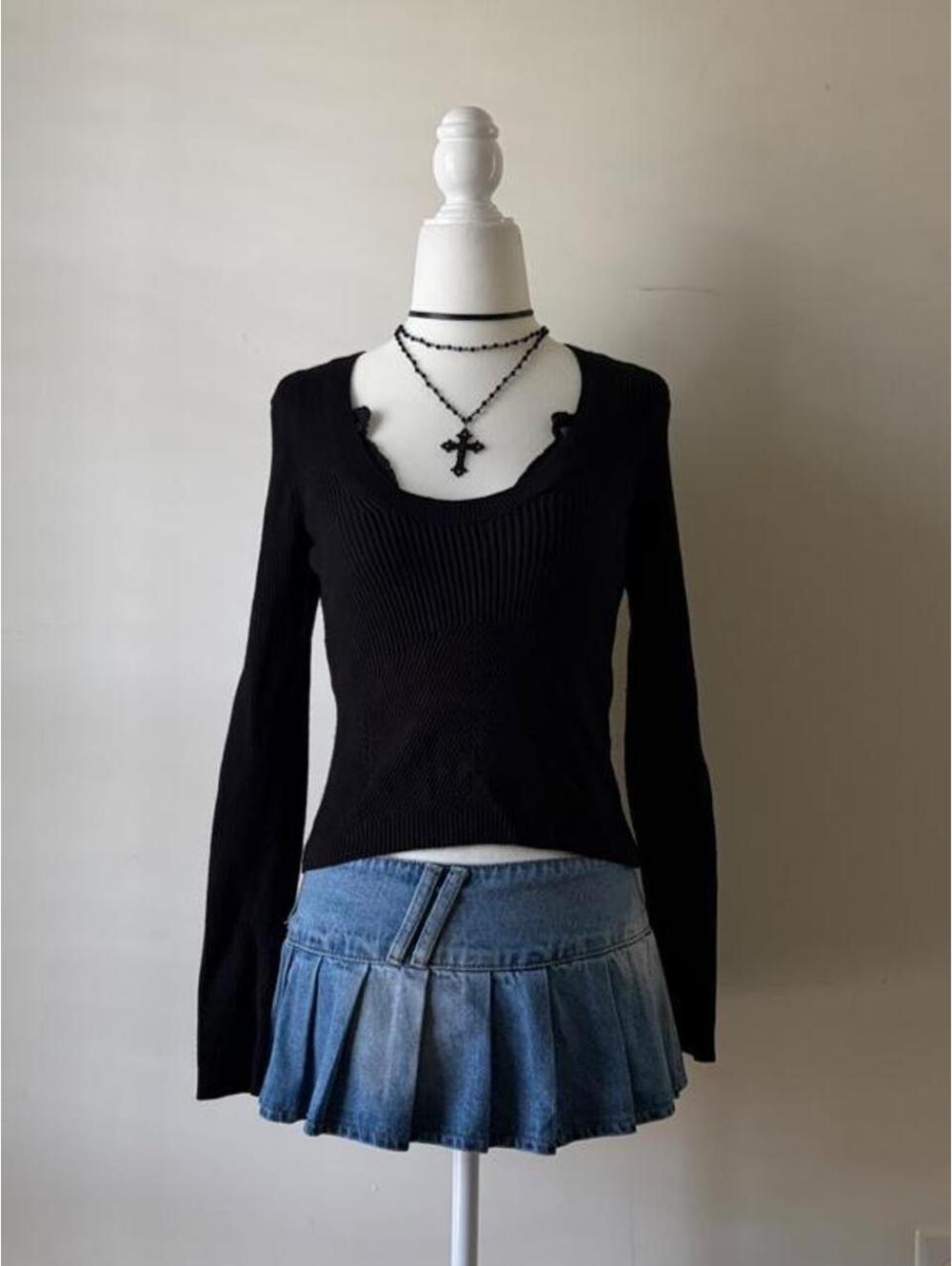 Abercrombie & Fitch Black Ribbed Scoop Neck Long Sleeve Y2K Top